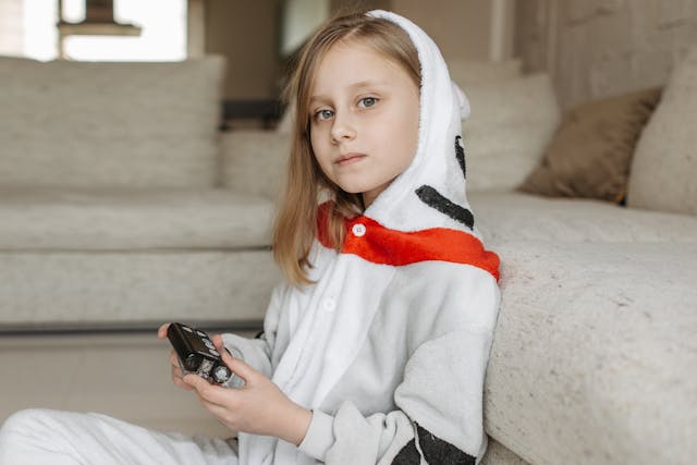 Girl in a onesie holding a glucometer (Photo: Pavel Danilyuk)